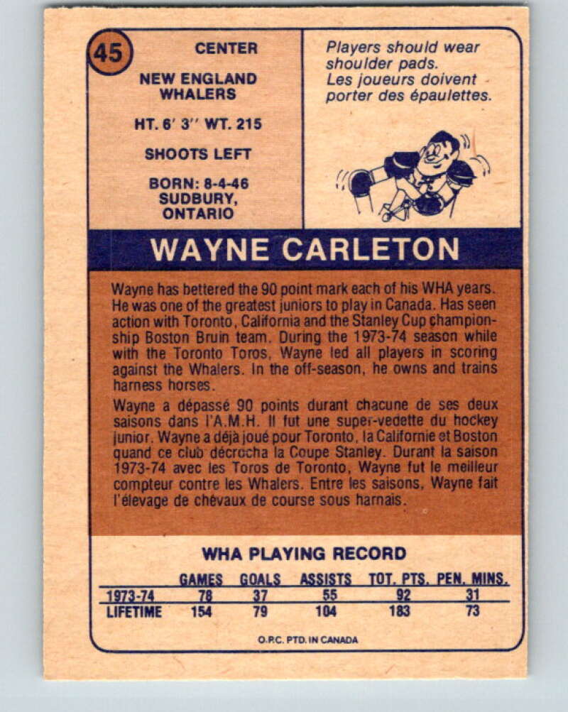 1974-75 WHA O-Pee-Chee #45 Wayne Carleton New England Whalers V7113