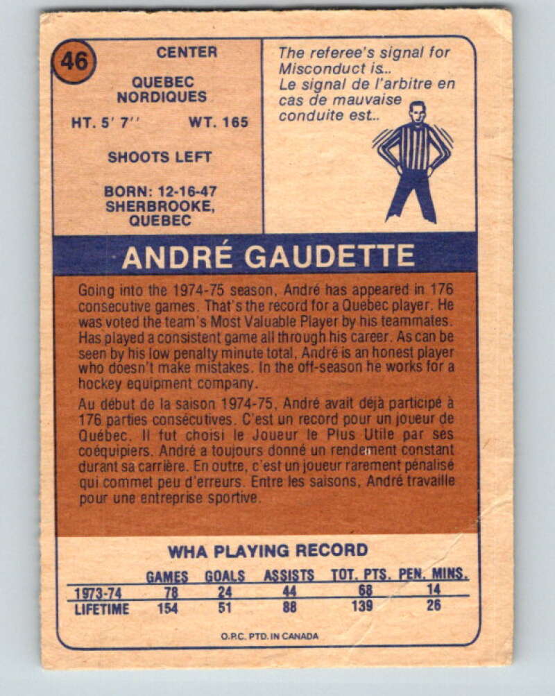 1974-75 WHA O-Pee-Chee #46 Andre Gaudette RC Rookie Quebec Nordiques V7114