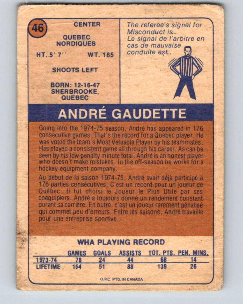 1974-75 WHA O-Pee-Chee #46 Andre Gaudette RC Rookie Quebec Nordiques V7115