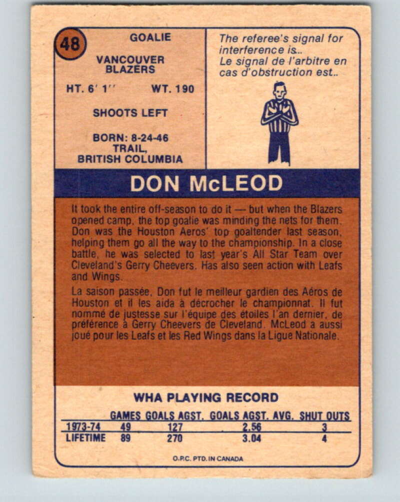1974-75 WHA O-Pee-Chee #48 Don McLeod RC Rookie Vancouver Blazers V7117