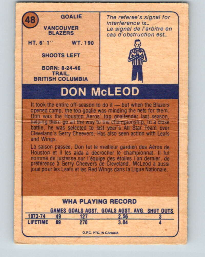 1974-75 WHA O-Pee-Chee #48 Don McLeod RC Rookie Vancouver Blazers V7118