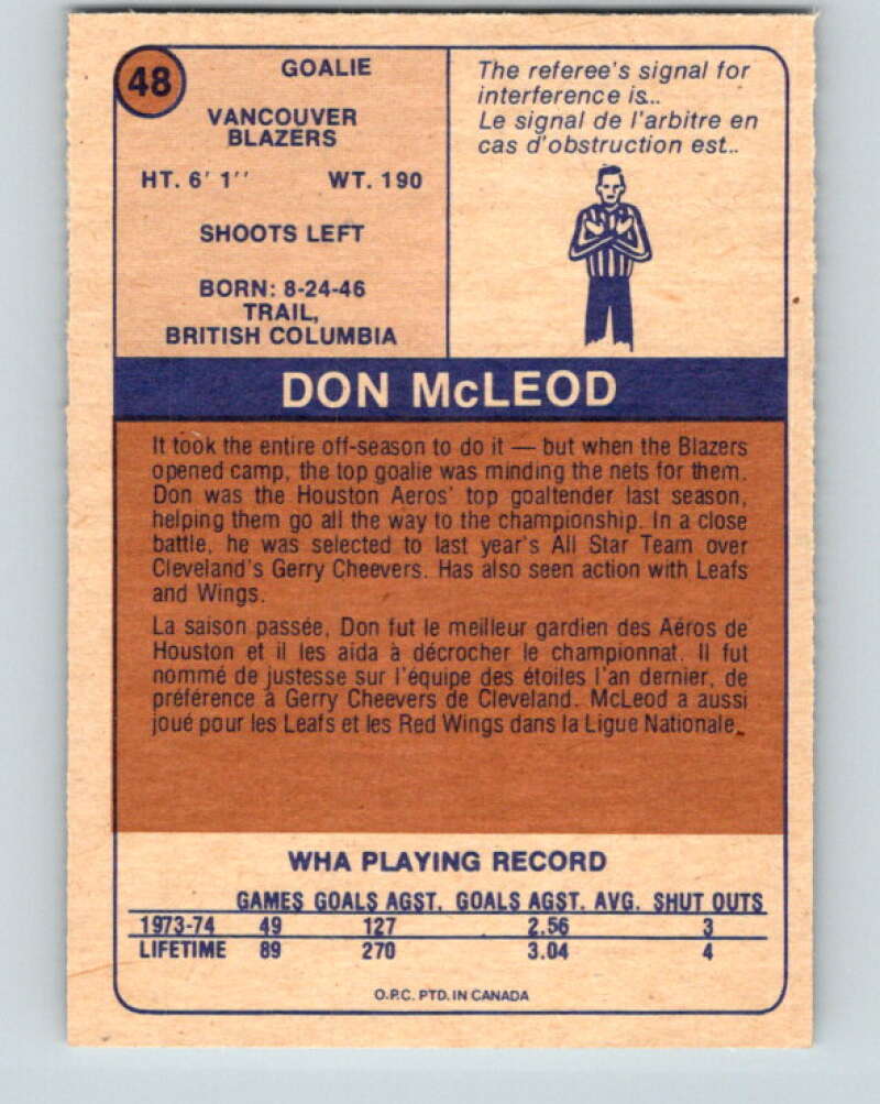 1974-75 WHA O-Pee-Chee #48 Don McLeod RC Rookie Vancouver Blazers V7119