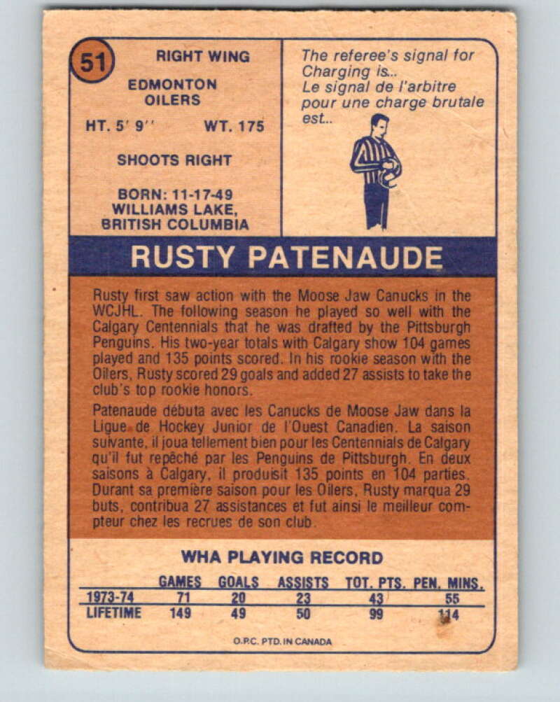 1974-75 WHA O-Pee-Chee #51 Rusty Patenaude RC Rookie Edmonton Oilers V7123