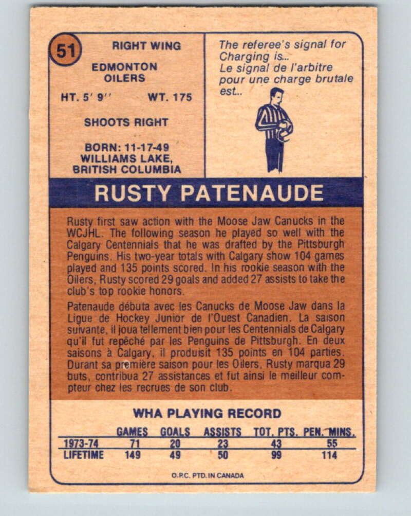 1974-75 WHA O-Pee-Chee #51 Rusty Patenaude RC Rookie Edmonton Oilers V7124