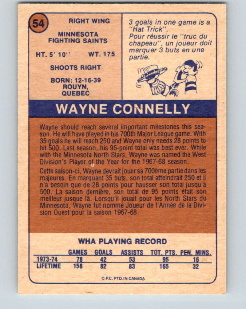 1974-75 WHA O-Pee-Chee #54 Wayne Connelly Minnesota Fighting Saints V7127
