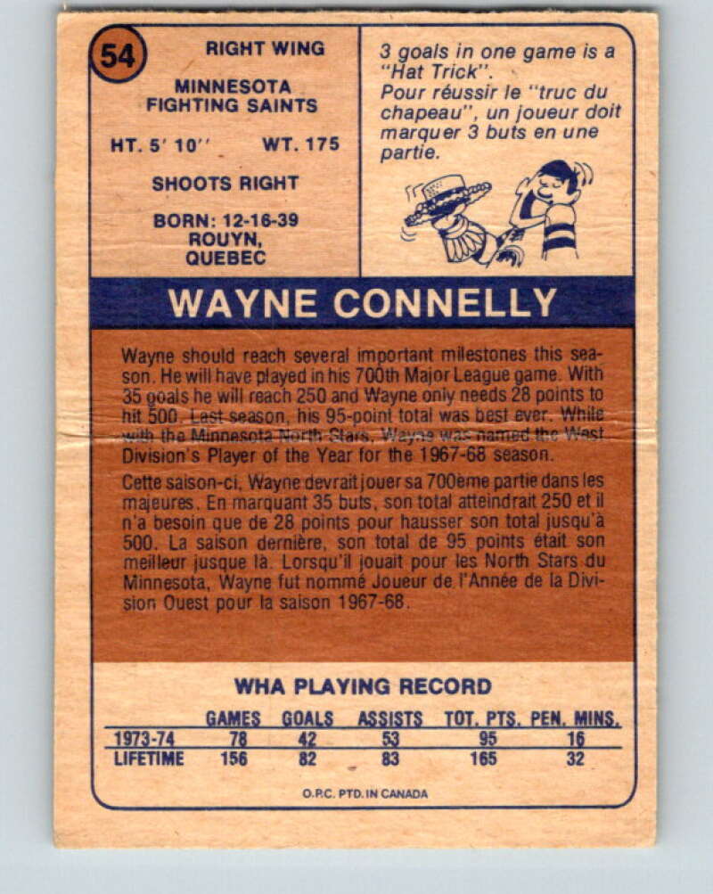 1974-75 WHA O-Pee-Chee #54 Wayne Connelly Minnesota Fighting Saints V7128