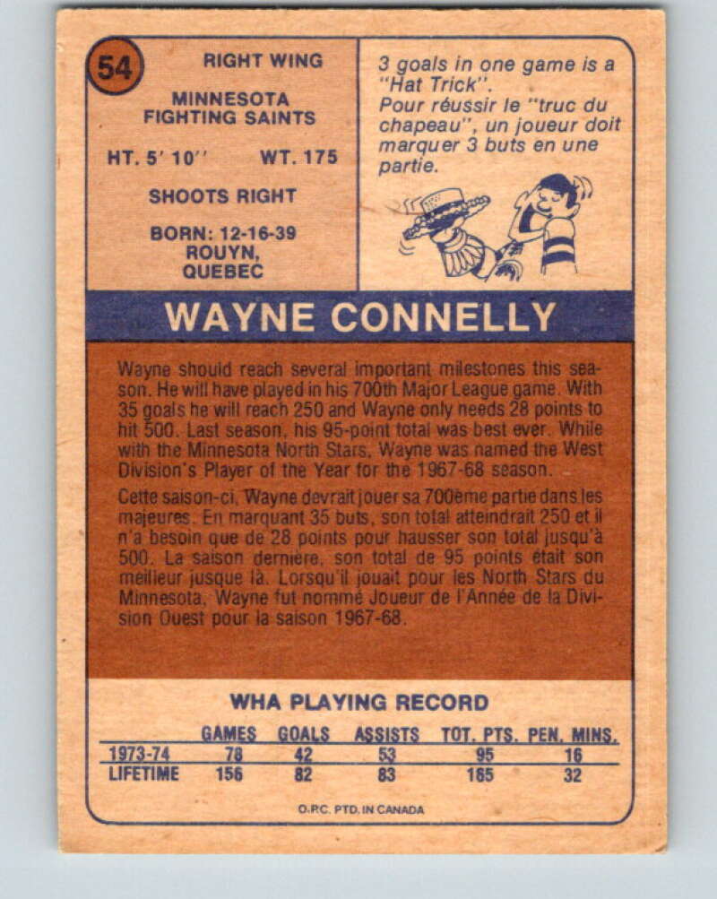 1974-75 WHA O-Pee-Chee #54 Wayne Connelly Minnesota Fighting Saints V7129