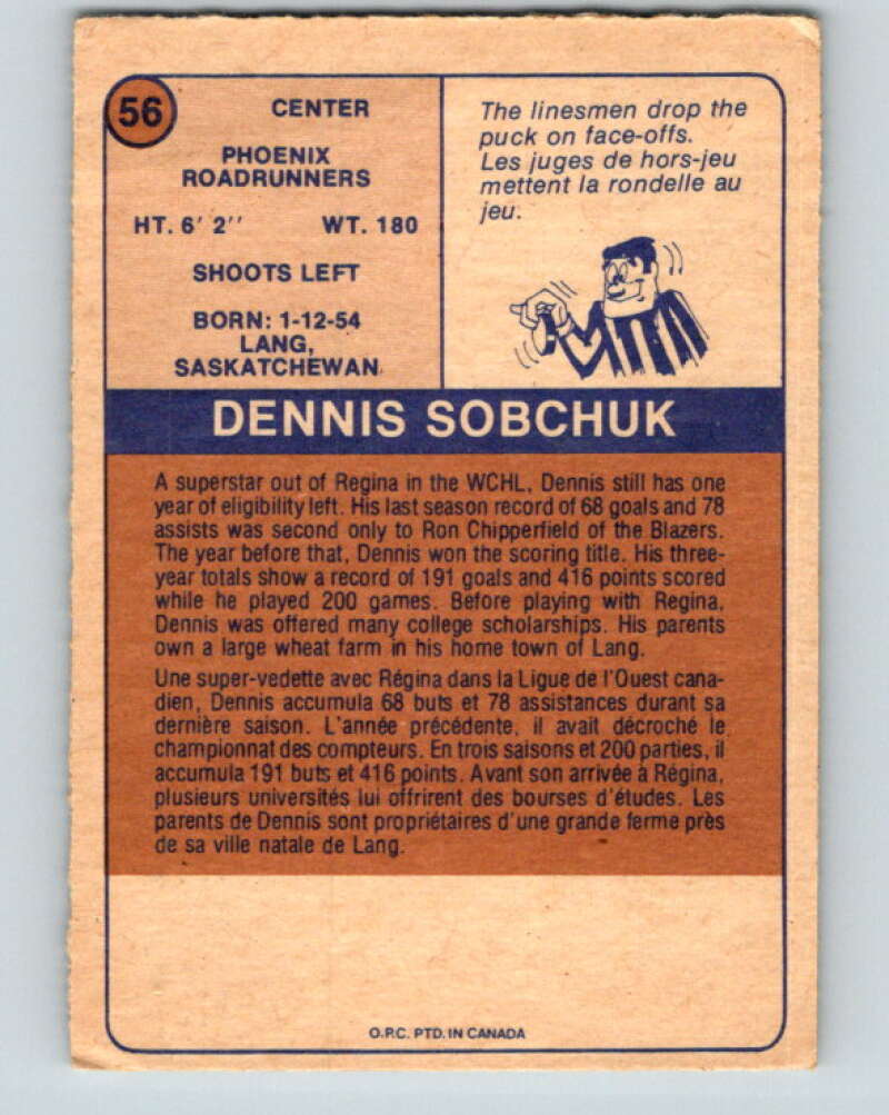 1974-75 WHA O-Pee-Chee #56 Dennis Sobchuk RC Rookie Phoenix V7132
