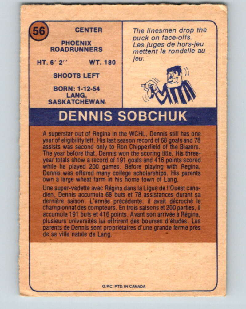 1974-75 WHA O-Pee-Chee  #56 Dennis Sobchuk  RC Rookie Phoenix  V7132
