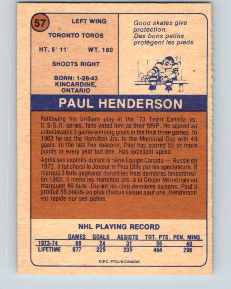 1974-75 WHA O-Pee-Chee #57 Paul Henderson Toronto Toros V7133
