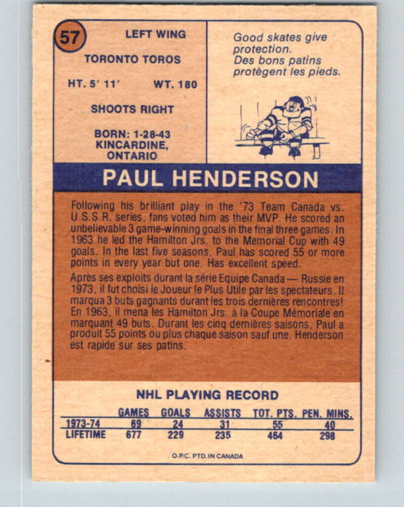 1974-75 WHA O-Pee-Chee #57 Paul Henderson Toronto Toros V7134