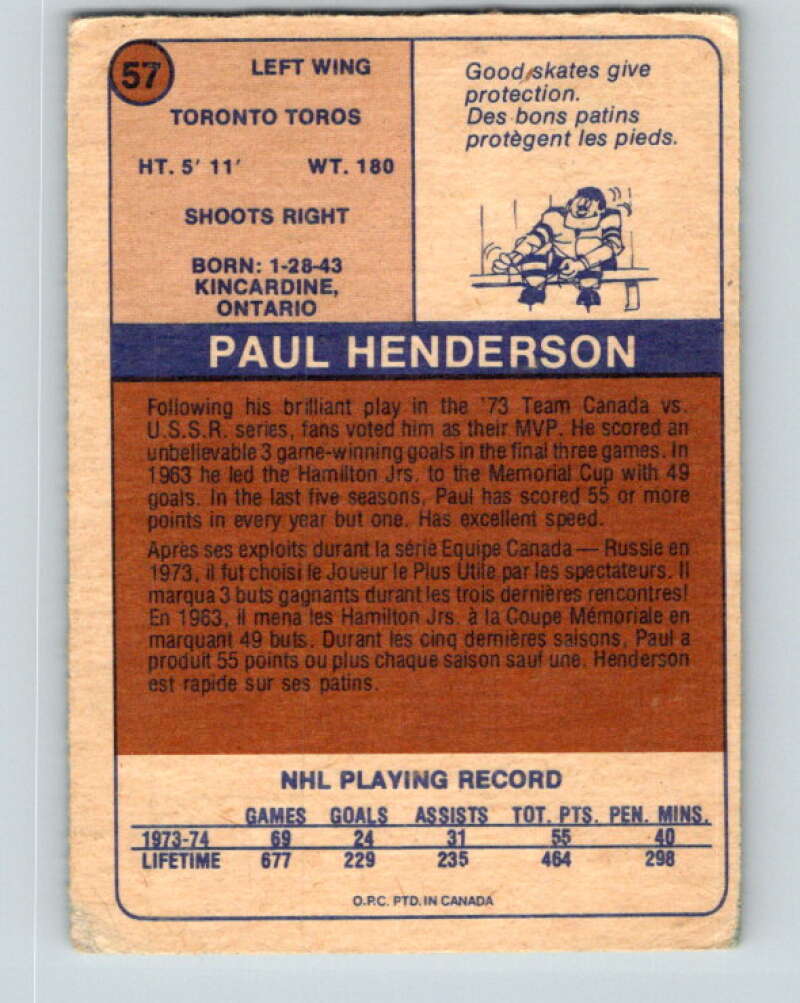 1974-75 WHA O-Pee-Chee #57 Paul Henderson Toronto Toros V7135