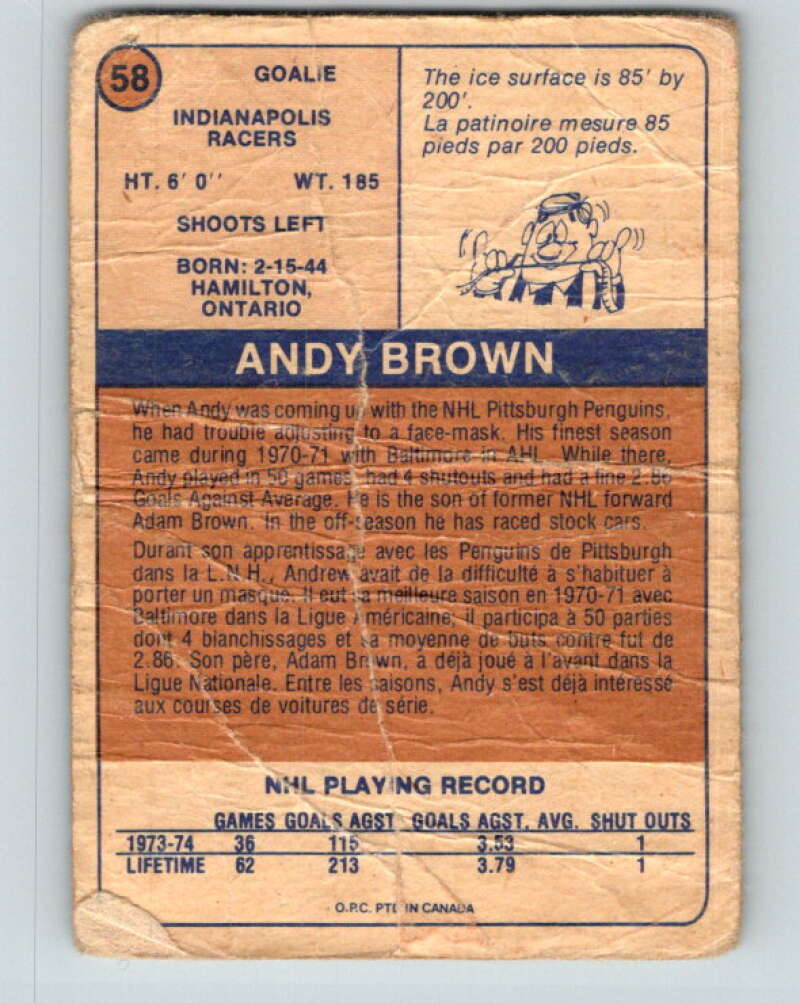 1974-75 WHA O-Pee-Chee #58 Andy Brown RC Rookie Racers V7136