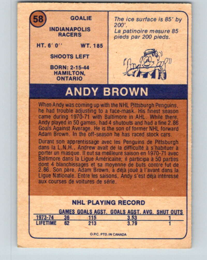 1974-75 WHA O-Pee-Chee #58 Andy Brown RC Rookie Racers V7137