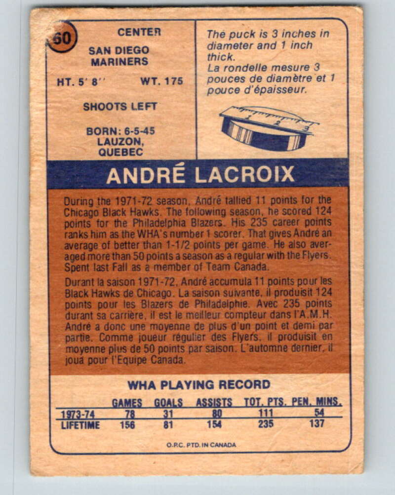 1974-75 WHA O-Pee-Chee #60 Andre Lacroix San Diego Mariners V7139