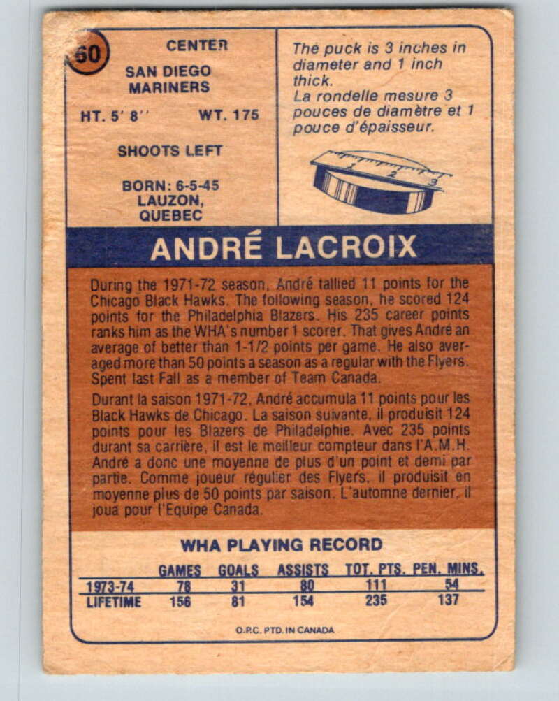 1974-75 WHA O-Pee-Chee  #60 Andre Lacroix  San Diego Mariners  V7139