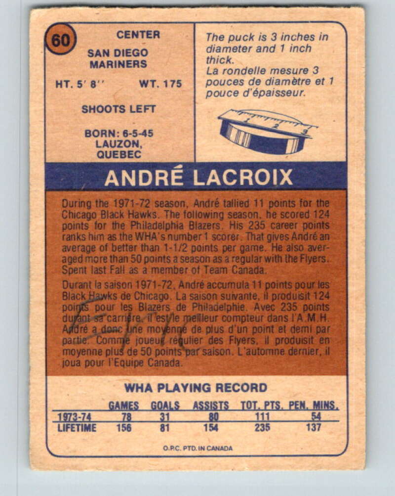 1974-75 WHA O-Pee-Chee #60 Andre Lacroix San Diego Mariners V7140