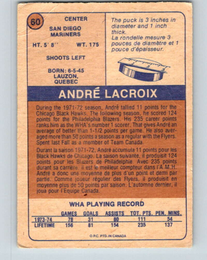 1974-75 WHA O-Pee-Chee #60 Andre Lacroix San Diego Mariners V7141