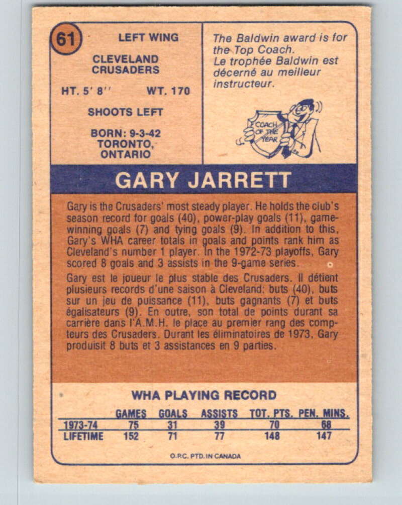 1974-75 WHA O-Pee-Chee #61 Gary Jarrett Cleveland Crusaders V7142