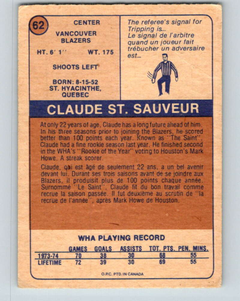 1974-75 WHA O-Pee-Chee #62 Claude St. Sauveur RC Rookie Blazers V7143