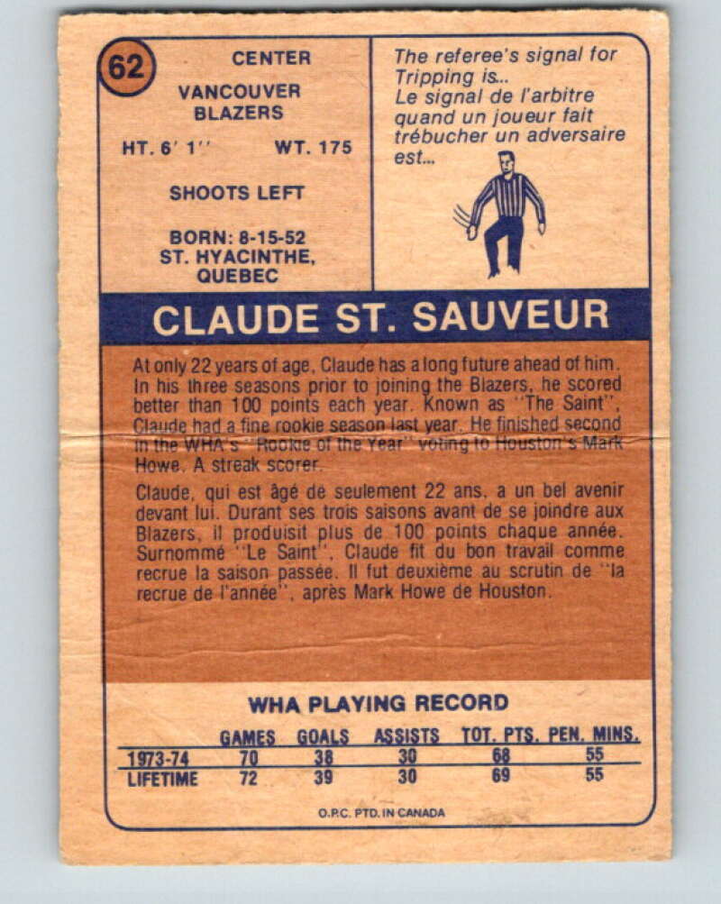 1974-75 WHA O-Pee-Chee #62 Claude St. Sauveur RC Rookie Blazers V7144