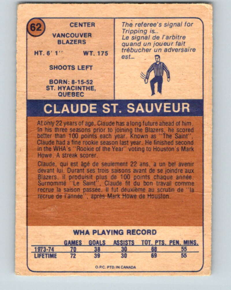 1974-75 WHA O-Pee-Chee #62 Claude St. Sauveur RC Rookie Blazers V7145