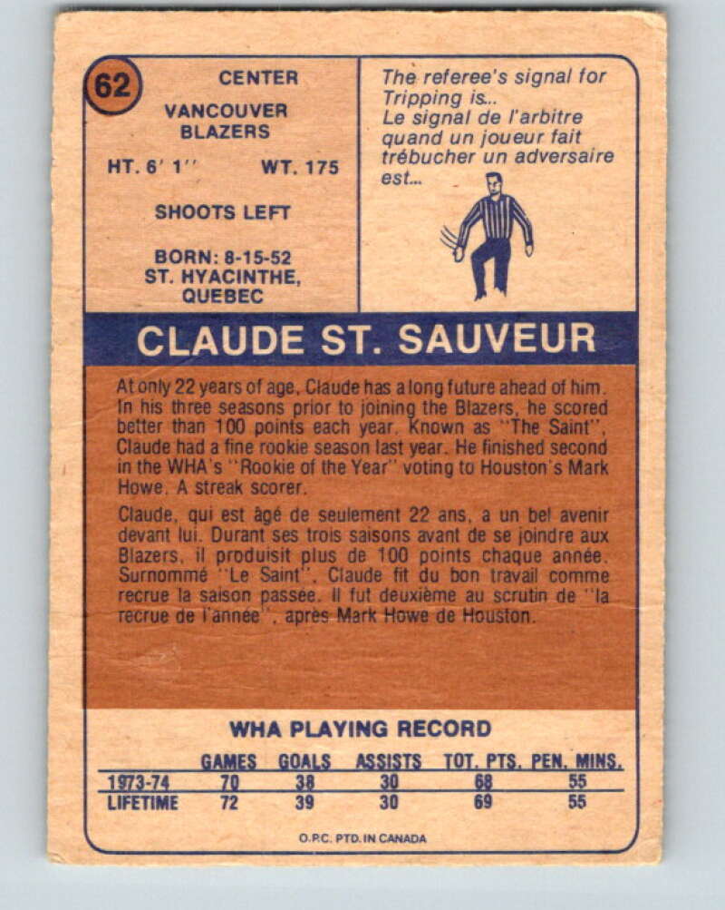 1974-75 WHA O-Pee-Chee  #62 Claude St. Sauveur  RC Rookie Blazers  V7145