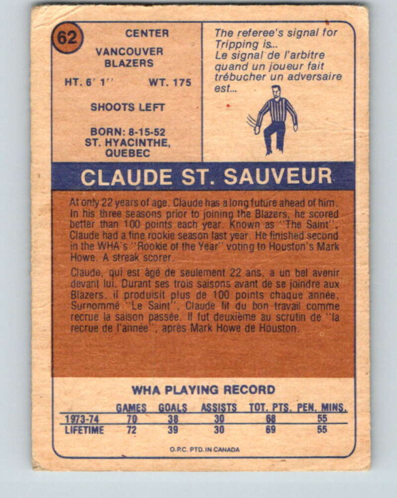 1974-75 WHA O-Pee-Chee #62 Claude St. Sauveur RC Rookie Blazers V7146
