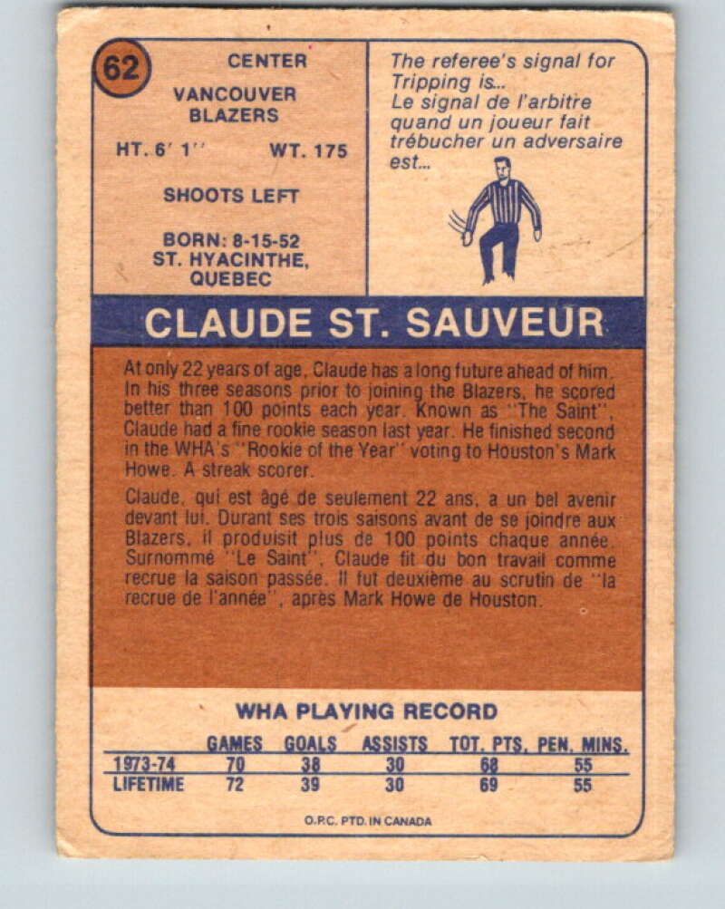 1974-75 WHA O-Pee-Chee #62 Claude St. Sauveur RC Rookie Blazers V7147