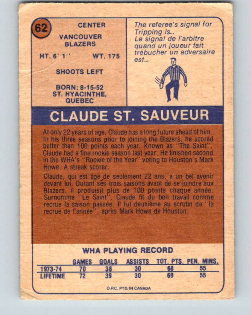 1974-75 WHA O-Pee-Chee #62 Claude St. Sauveur RC Rookie Blazers V7148