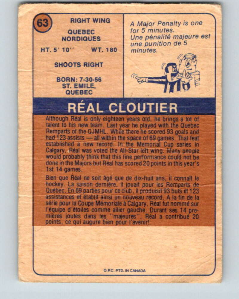 1974-75 WHA O-Pee-Chee #63 Real Cloutier RC Rookie Quebec Nordiques V7149