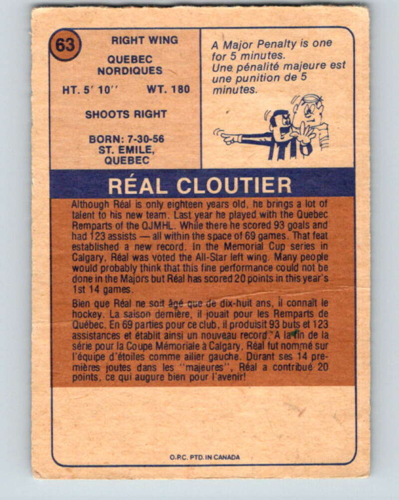 1974-75 WHA O-Pee-Chee #63 Real Cloutier RC Rookie Quebec Nordiques V7150