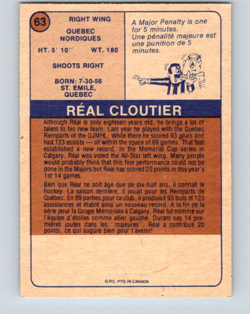 1974-75 WHA O-Pee-Chee #63 Real Cloutier RC Rookie Quebec Nordiques V7151