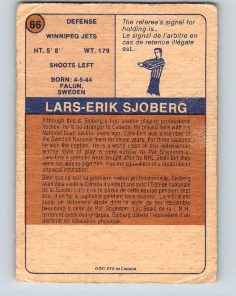 1974-75 WHA O-Pee-Chee #66 Lars-Erik Sjoberg RC Rookie Winnipeg Jets V7154