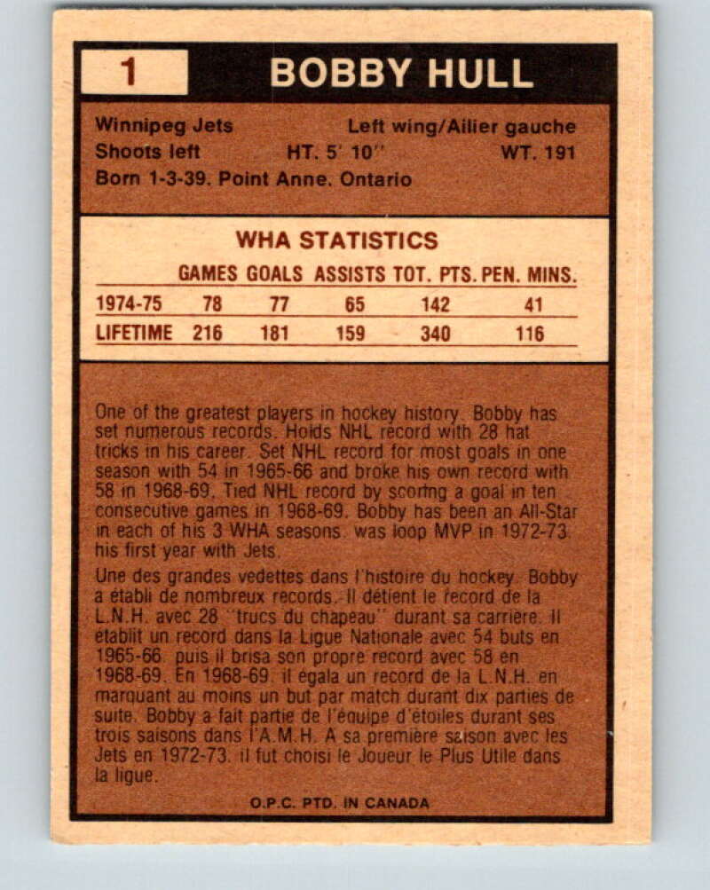 1975-76 WHA O-Pee-Chee #1 Bobby Hull Winnipeg Jets V7155