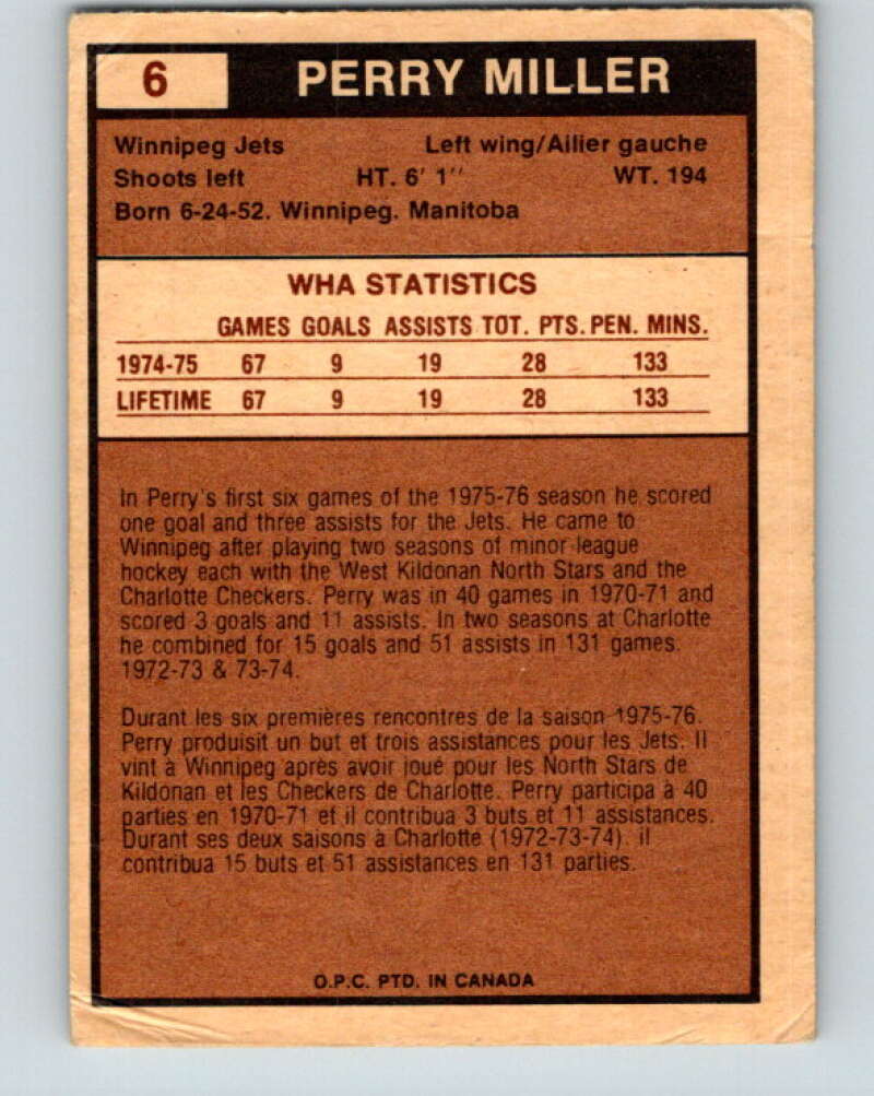 1975-76 WHA O-Pee-Chee #6 Perry Miller RC Rookie Winnipeg Jets V7159