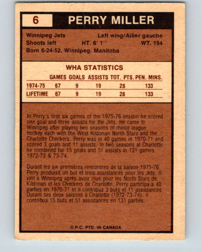 1975-76 WHA O-Pee-Chee #6 Perry Miller RC Rookie Winnipeg Jets V7160