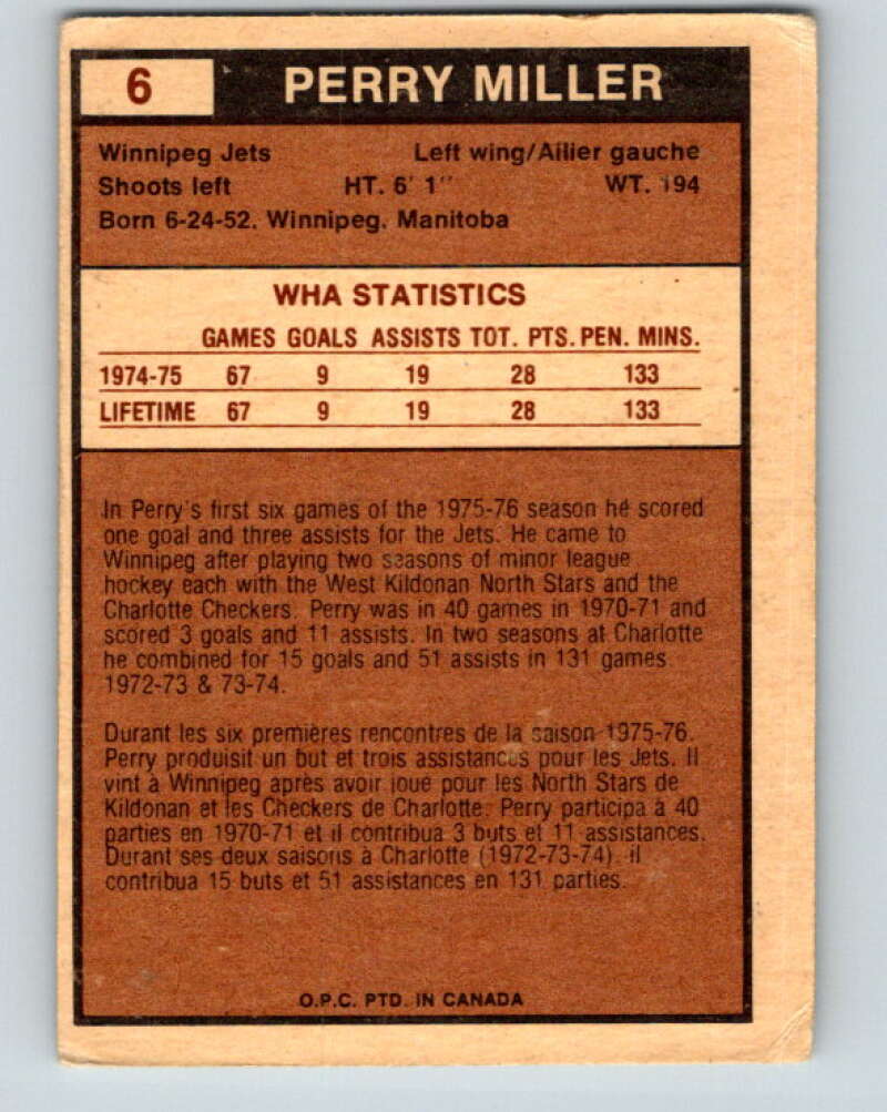 1975-76 WHA O-Pee-Chee #6 Perry Miller RC Rookie Winnipeg Jets V7161