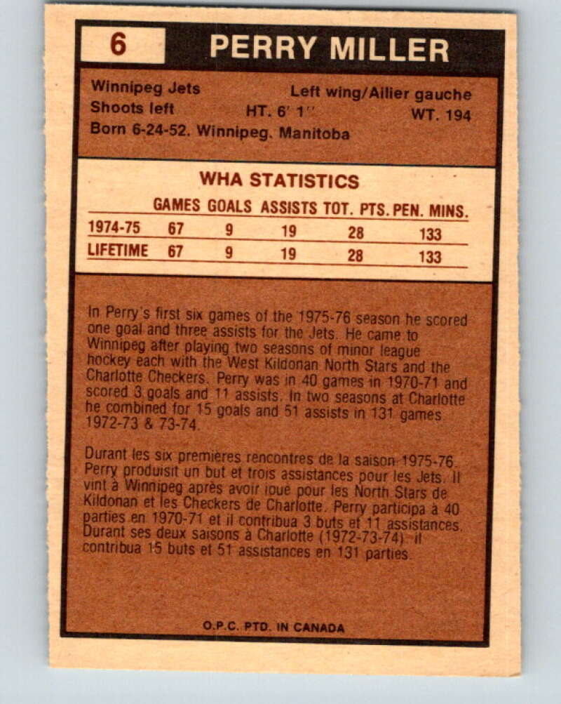 1975-76 WHA O-Pee-Chee #6 Perry Miller RC Rookie Winnipeg Jets V7162