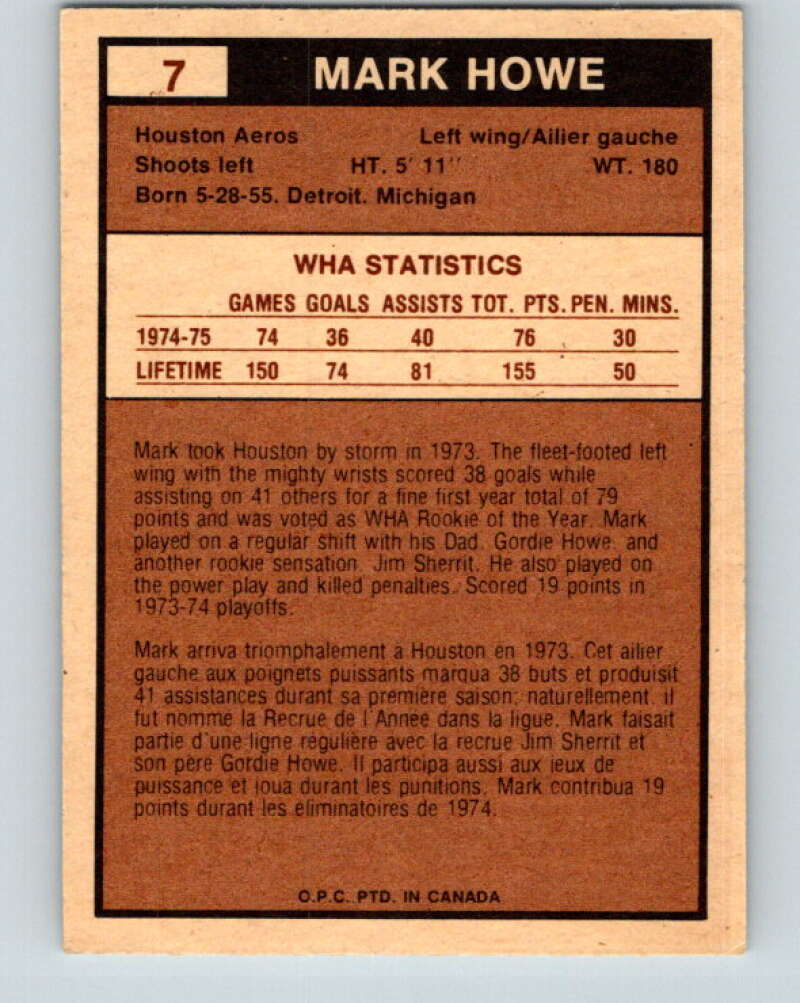 1975-76 WHA O-Pee-Chee #7 Mark Howe Houston Aeros V7163