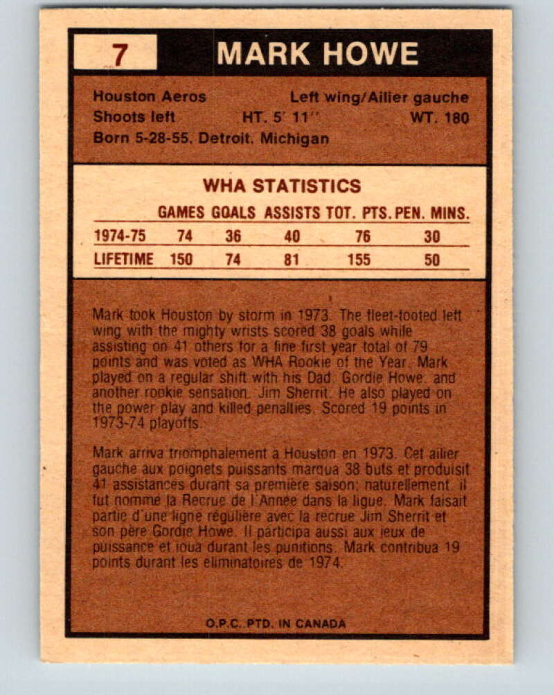 1975-76 WHA O-Pee-Chee #7 Mark Howe Houston Aeros V7164