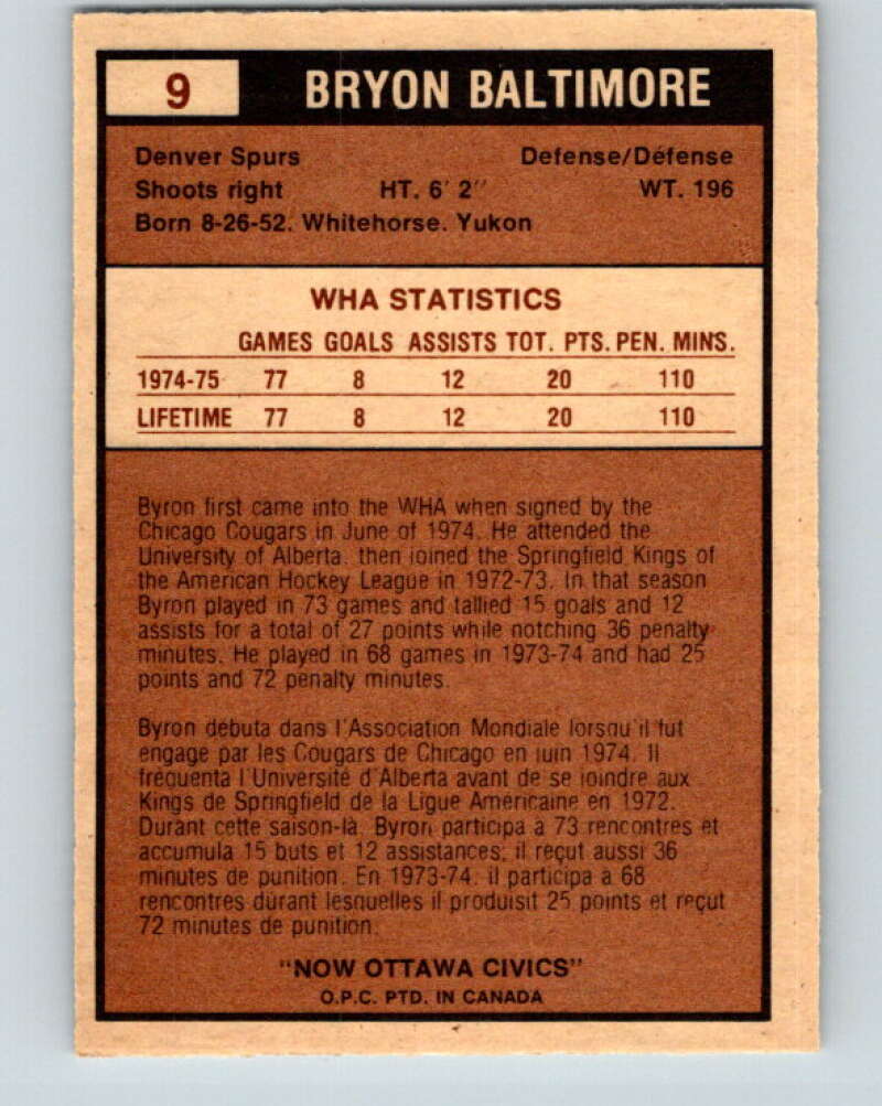 1975-76 WHA O-Pee-Chee #9 Bryon Baltimore RC Rookie Ottawa Civics V7165