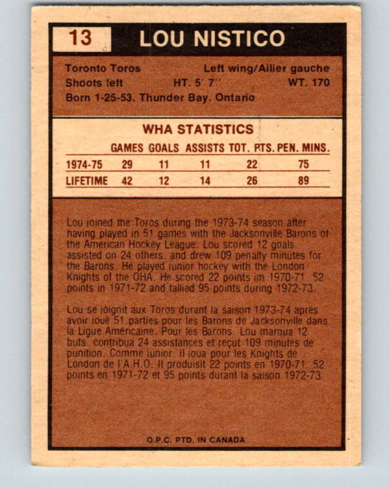 1975-76 WHA O-Pee-Chee #13 Lou Nistico RC Rookie Toronto Toros V7172