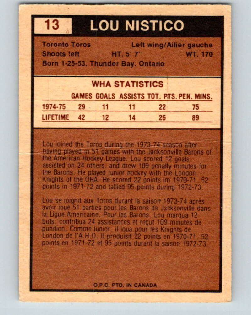 1975-76 WHA O-Pee-Chee #13 Lou Nistico RC Rookie Toronto Toros V7173