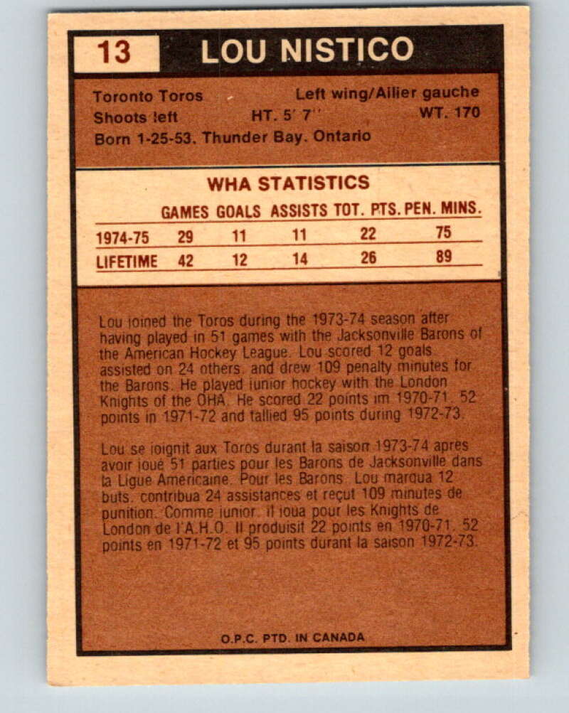 1975-76 WHA O-Pee-Chee #13 Lou Nistico RC Rookie Toronto Toros V7174
