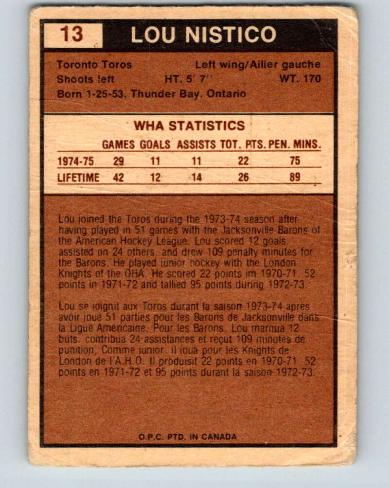 1975-76 WHA O-Pee-Chee #13 Lou Nistico RC Rookie Toronto Toros V7175