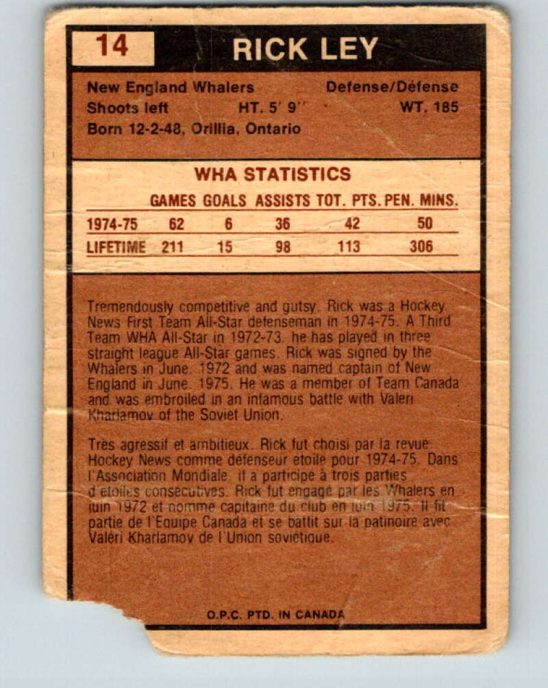 1975-76 WHA O-Pee-Chee #14 Rick Ley New England Whalers V7176