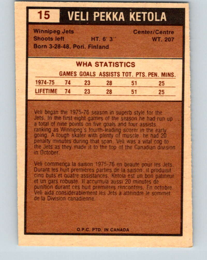 1975-76 WHA O-Pee-Chee #15 Veli-Pekka Ketola RC Rookie Winnipeg Jets V7177