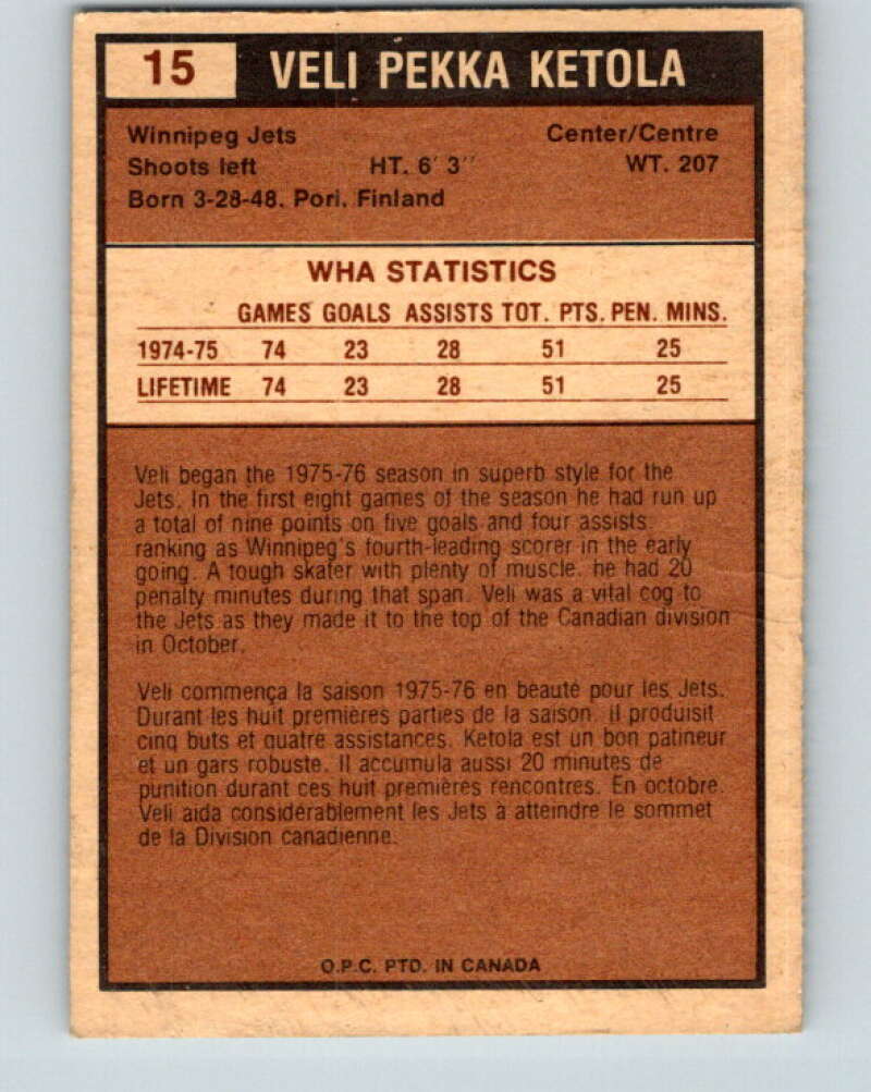 1975-76 WHA O-Pee-Chee #15 Veli-Pekka Ketola RC Rookie Winnipeg Jets V7178