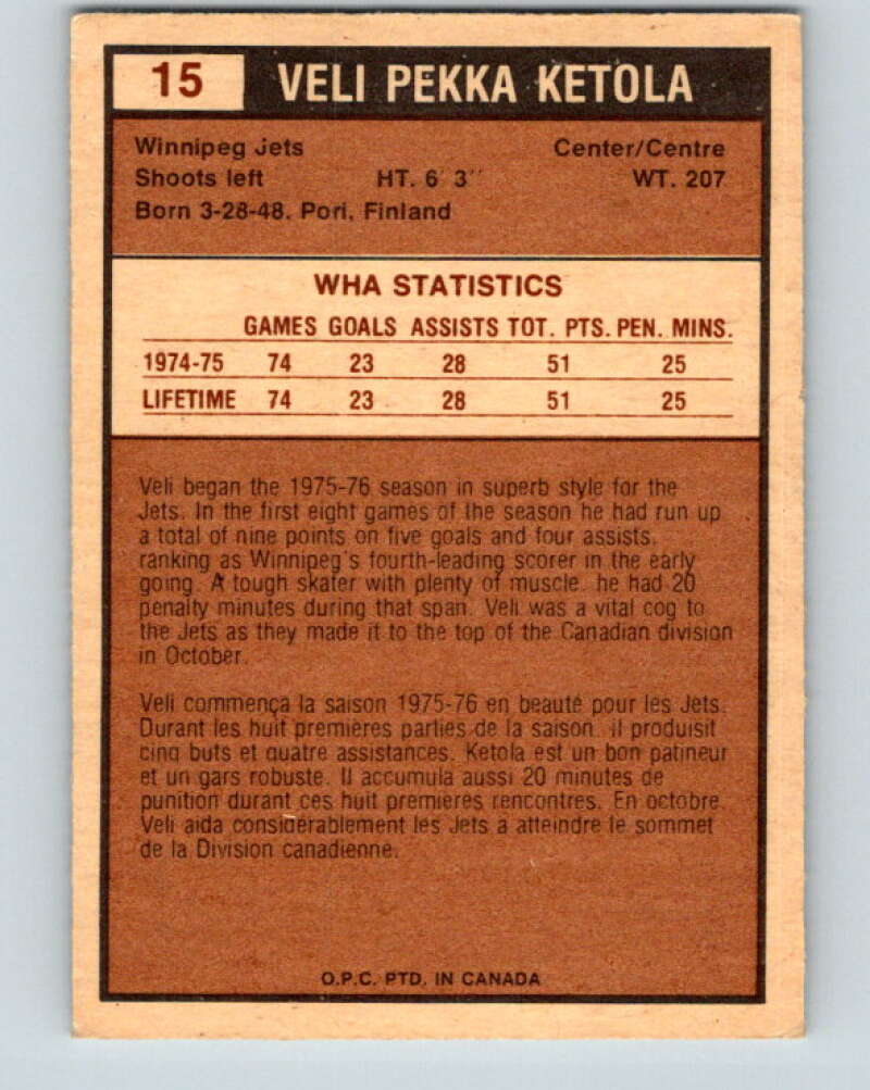 1975-76 WHA O-Pee-Chee #15 Veli-Pekka Ketola RC Rookie Winnipeg Jets V7179